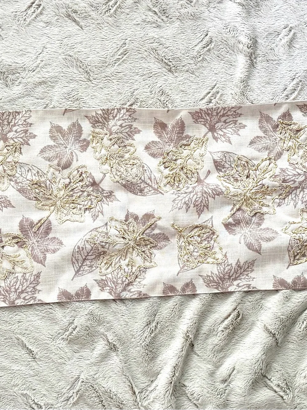 Embroidered Gold Metallic Autumn Maple Leaf Table Runner Linen Blend 70x14”